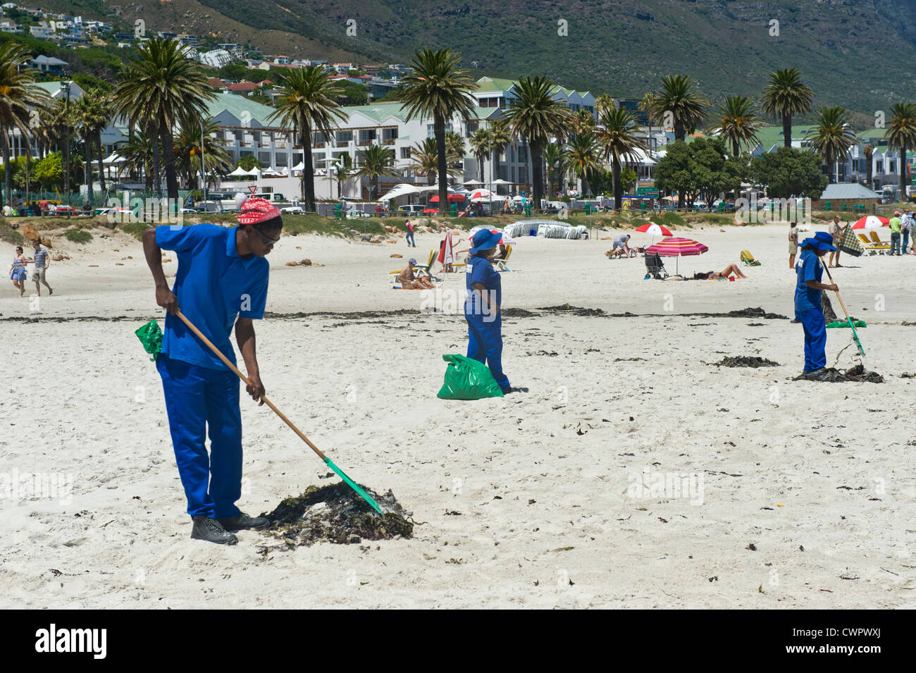 Workers cleaning the beach of Camps Bay, Cape Town, South Africa Stock Photo