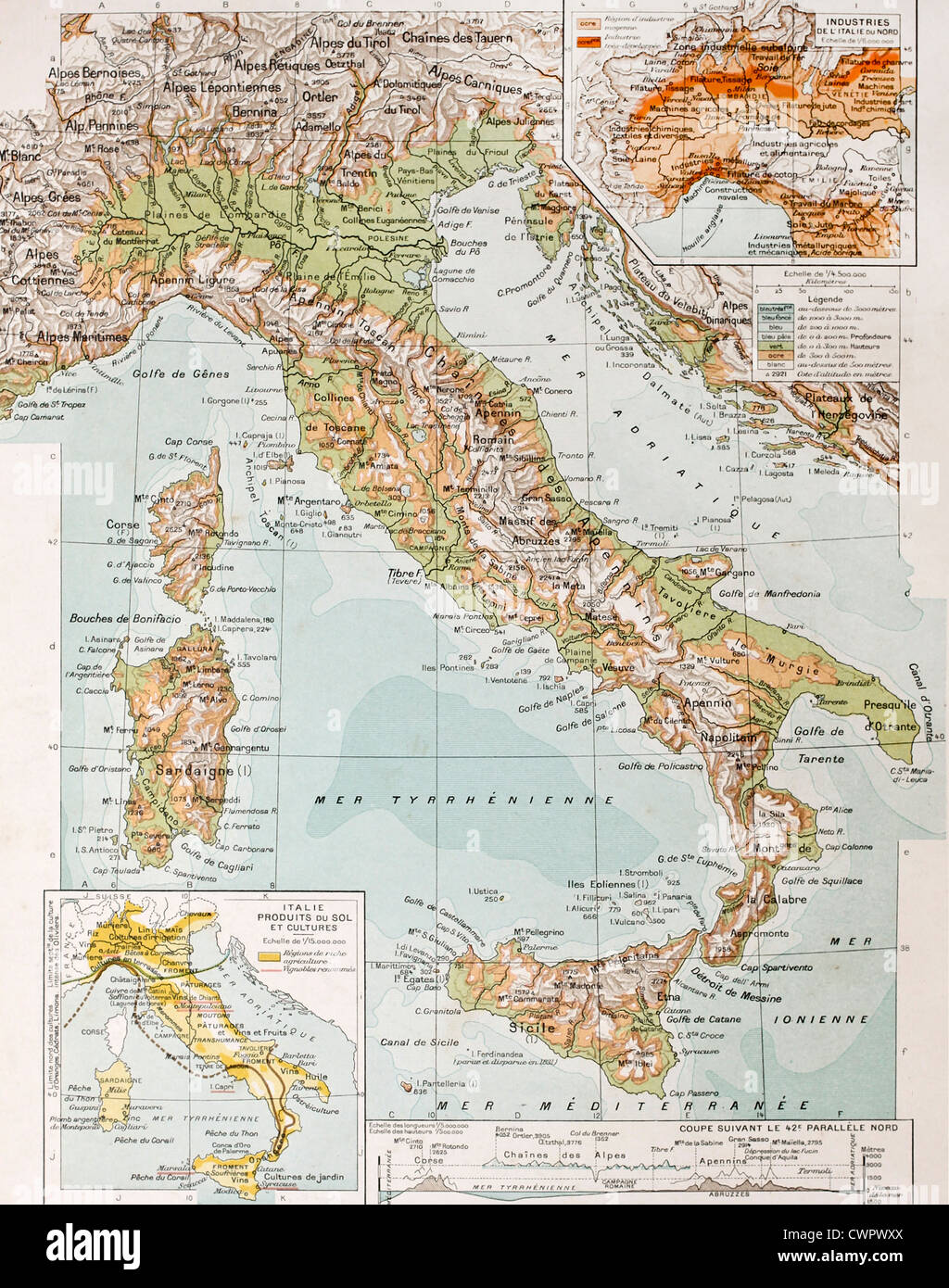 Old physical map of Italy Stock Photo