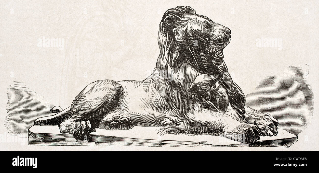 Old illustration of a bronze lion statue Stock Photo