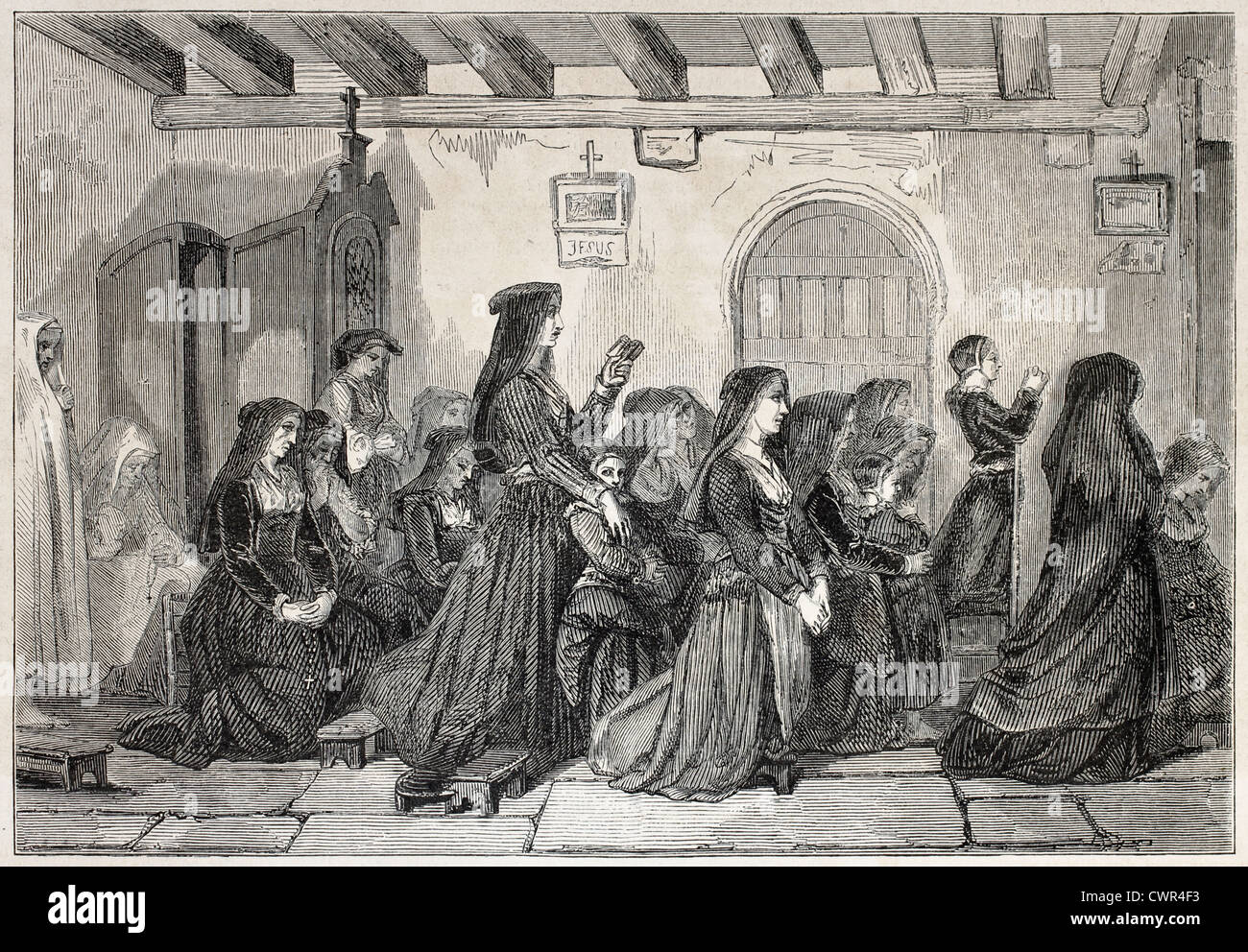 Nuns attending mass at Beost, France Stock Photo