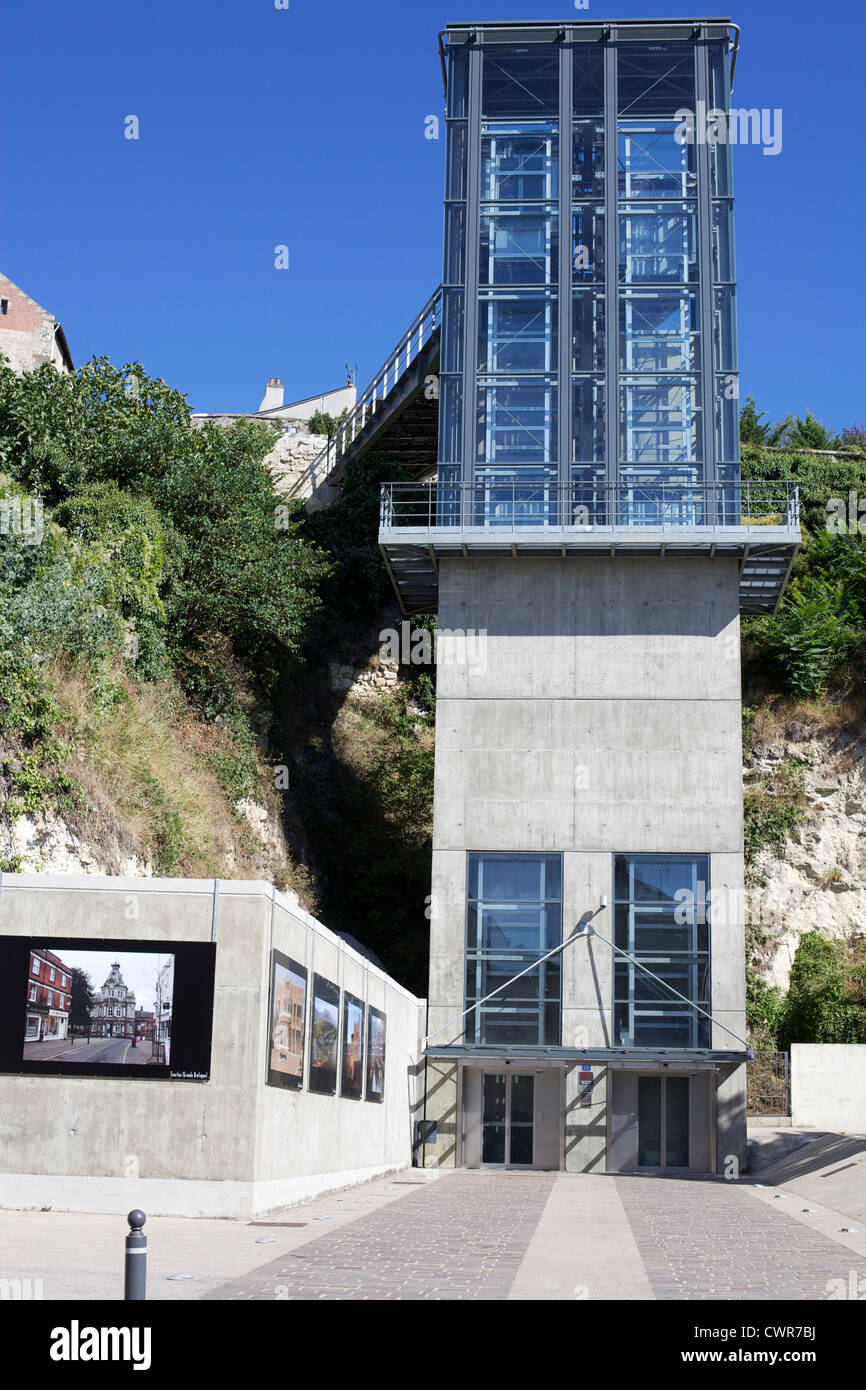 Image of the new glass lift / elevator to transport tourists and visitors from the town square up to the Château in Chinon. Stock Photo