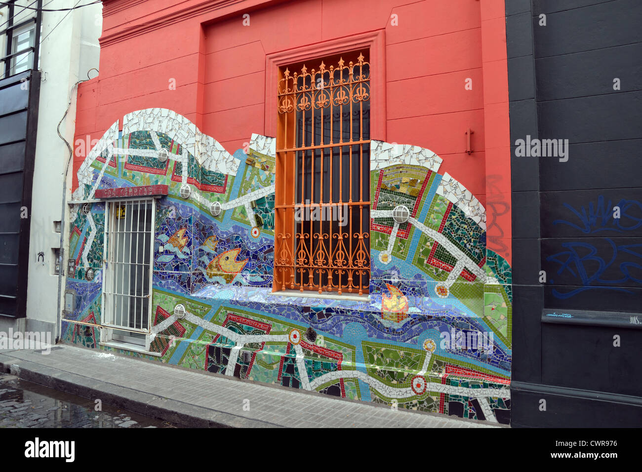 Mosaic artwork on a house front, Palermo Soho, Buenos Aires, Argentina. Stock Photo