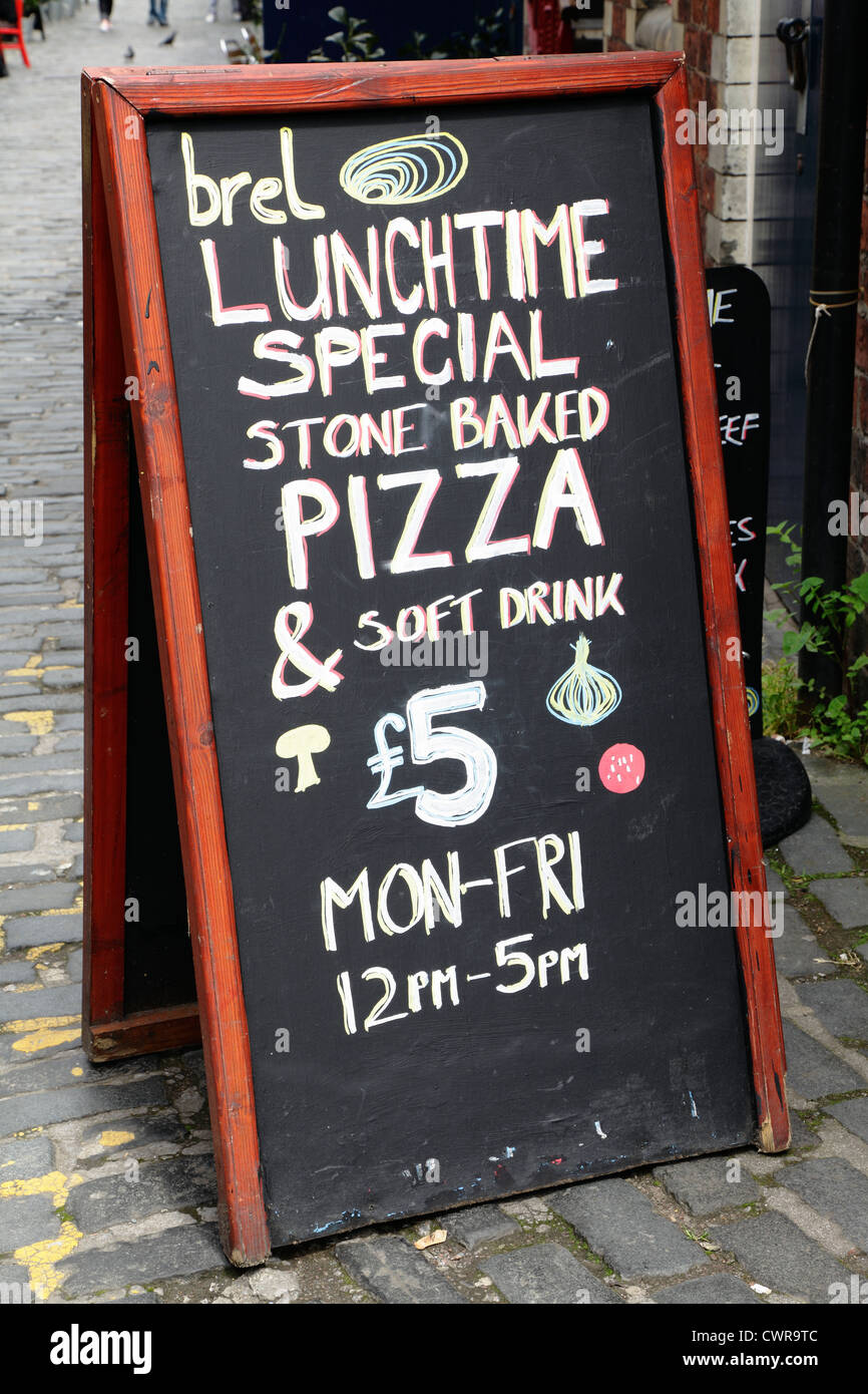 Lunchtime Special offers on a sign outside Brel Restaurant and Bar on Ashton Lane in the West End of Glasgow, Scotland, UK Stock Photo