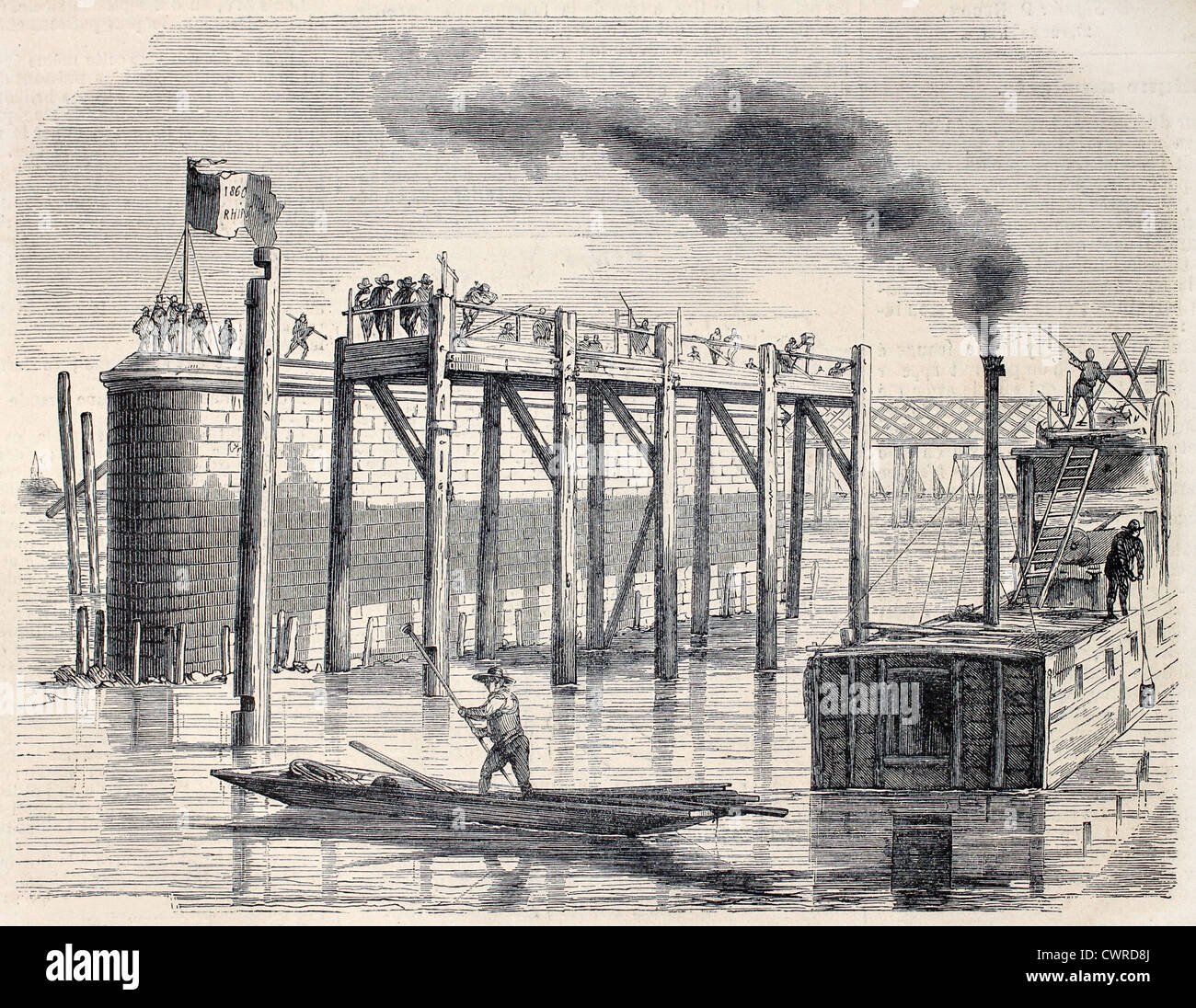 Building site of a bridge on Rhine river Stock Photo