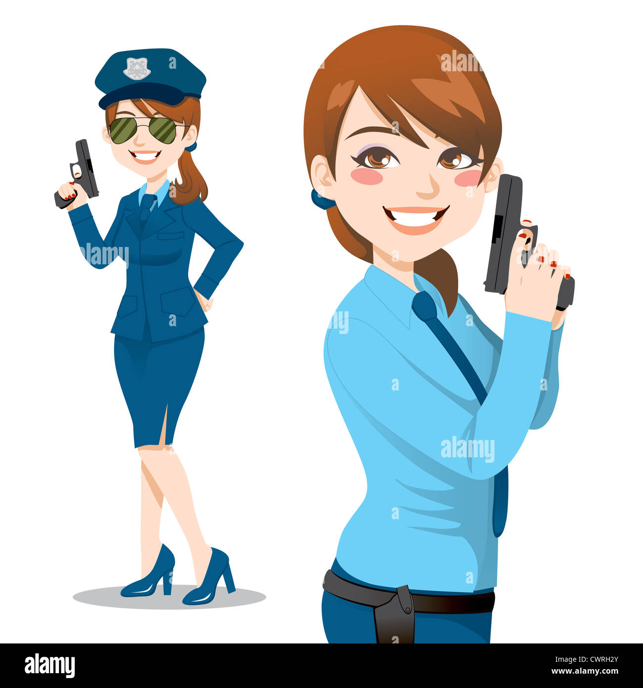 Beautiful brunette police woman holding a handgun ready to enforce law and stop crime Stock Photo