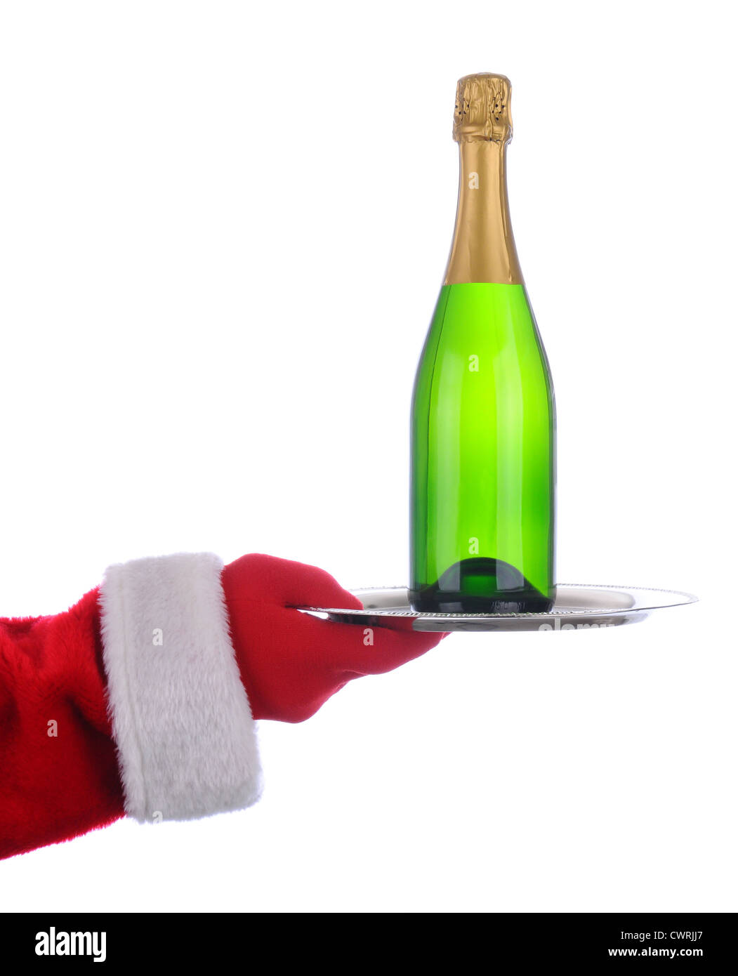 Santa Claus outstretched arm holding a Champagne Bottle on a serving tray. Vertical format over a white background. Stock Photo