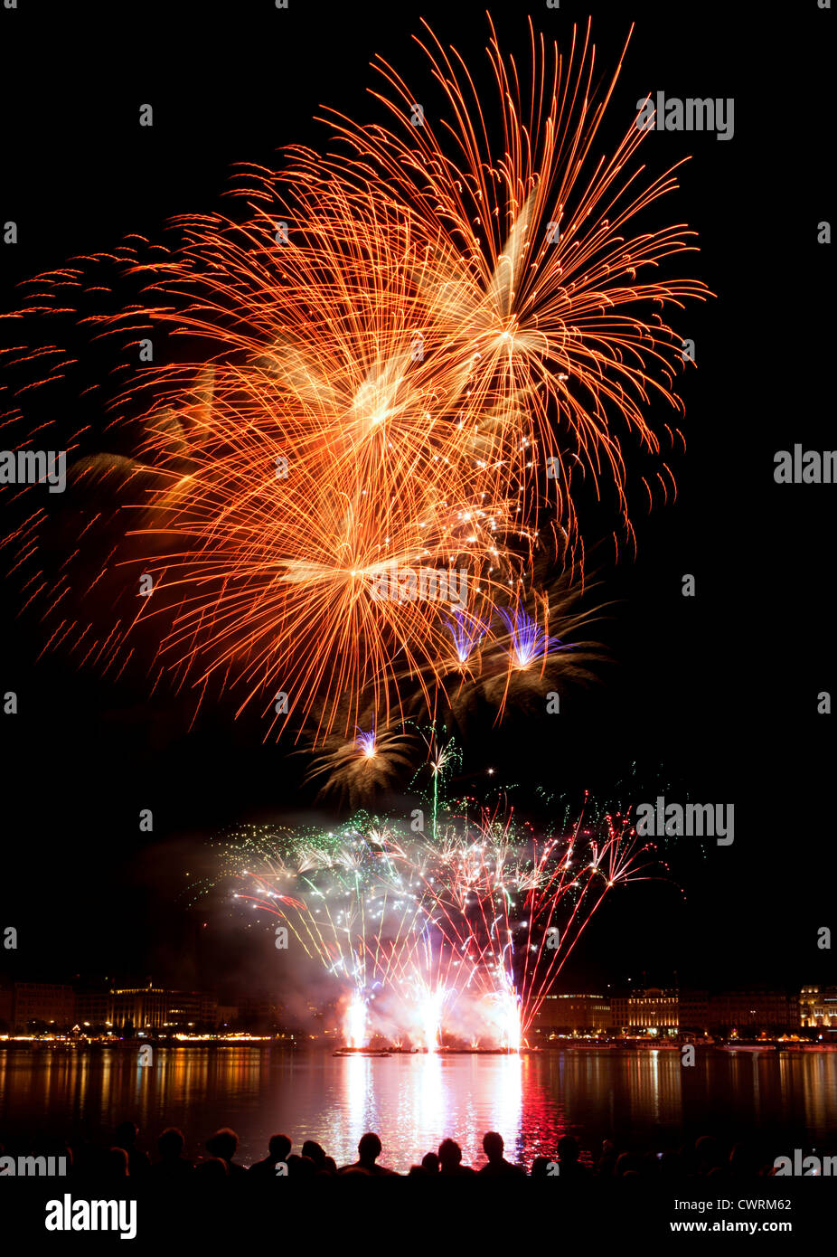 Fireworks above Binnenalster lake at hamburg on occasion of Alstervergnuegen festival Stock Photo