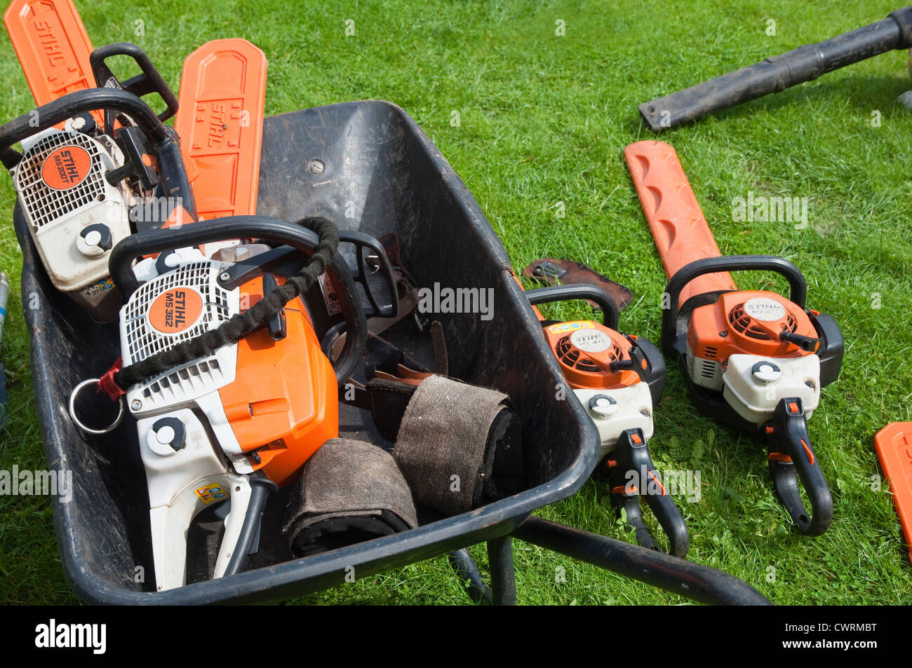 A variety of chainsaws and other equipment as used by a Professional Tree Surgeon.  UK Stock Photo