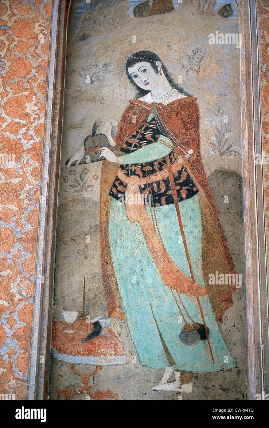 Islamic Art. Fresco depicting a woman. Timurid Dynasty. 15th and 16th centuries. Ali Qapu Palace. Reception portico. Isfahan. Stock Photo
