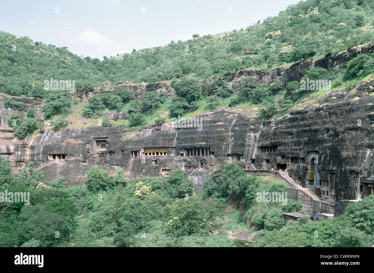 India. Maharashtra. Ajanta Caves. Rock-cut cave monuments which date from the 2nd century BCE to the 600 CE. Exterior view. Stock Photo
