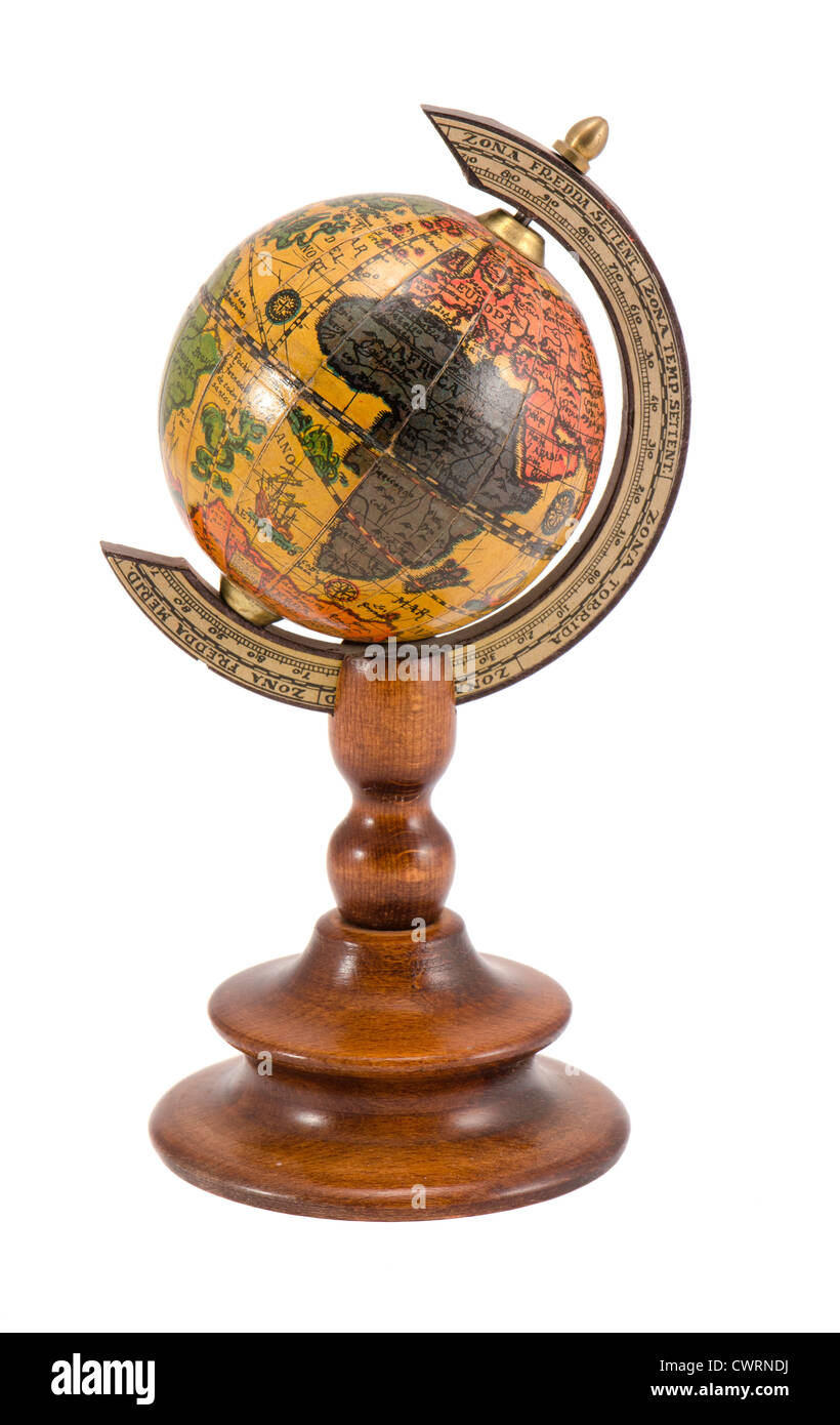 Europe and Africa view on wooden globe map isolated on white background. Stock Photo