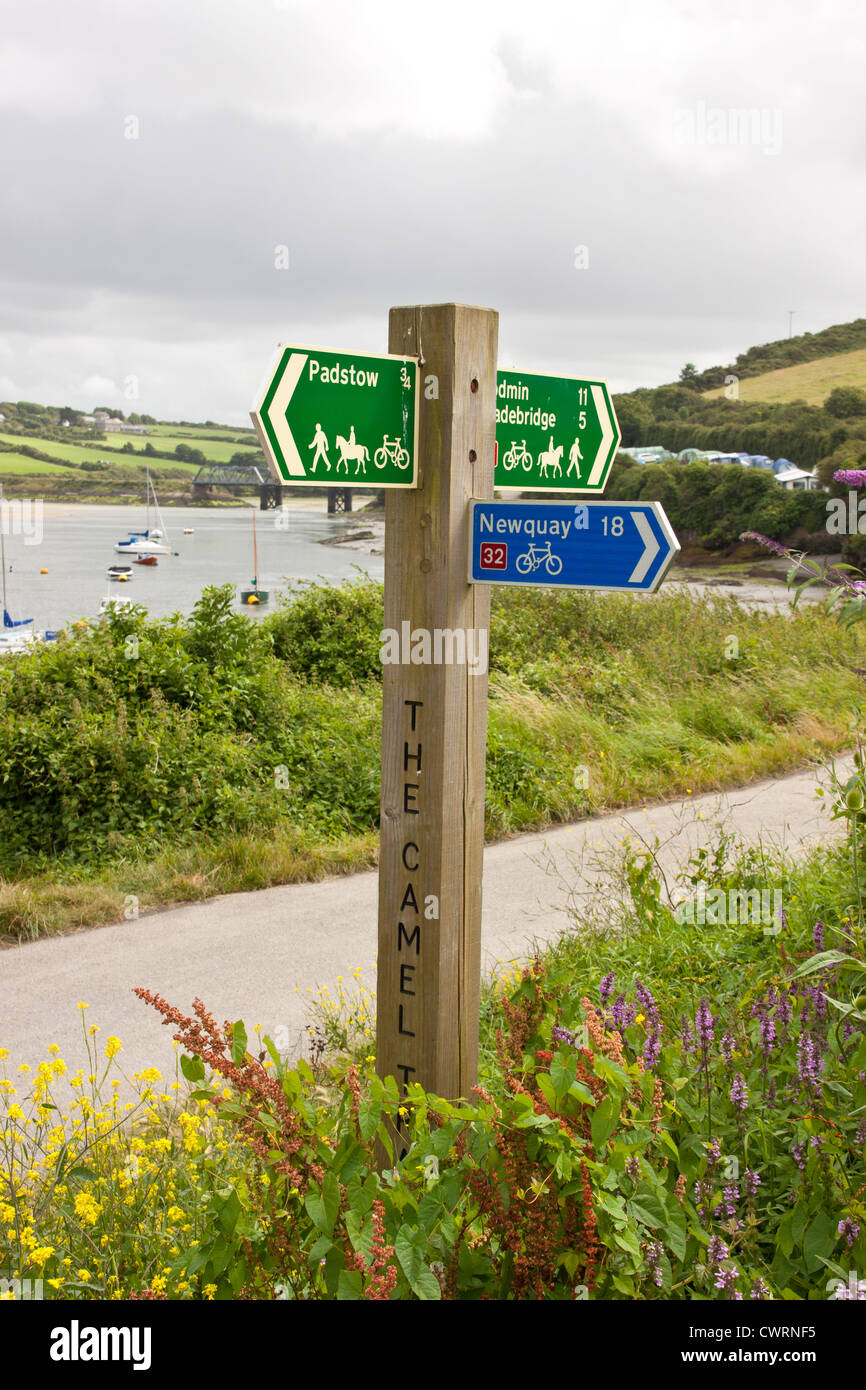 Sign direction marker post on the Camel trail cycle route at Padstow