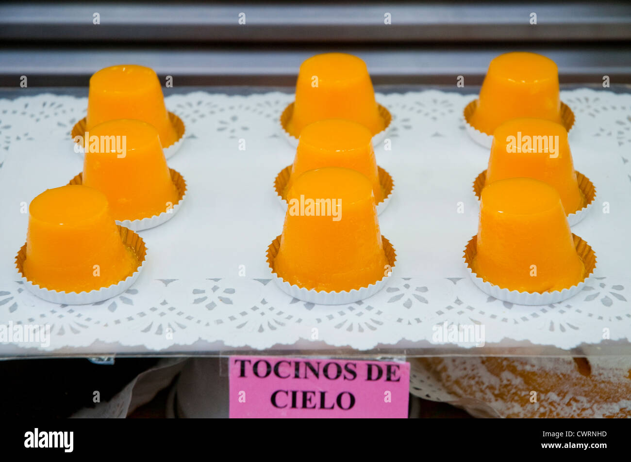 Tocinos de cielo, typical egg creme caramel. Madrid, Spain. Stock Photo