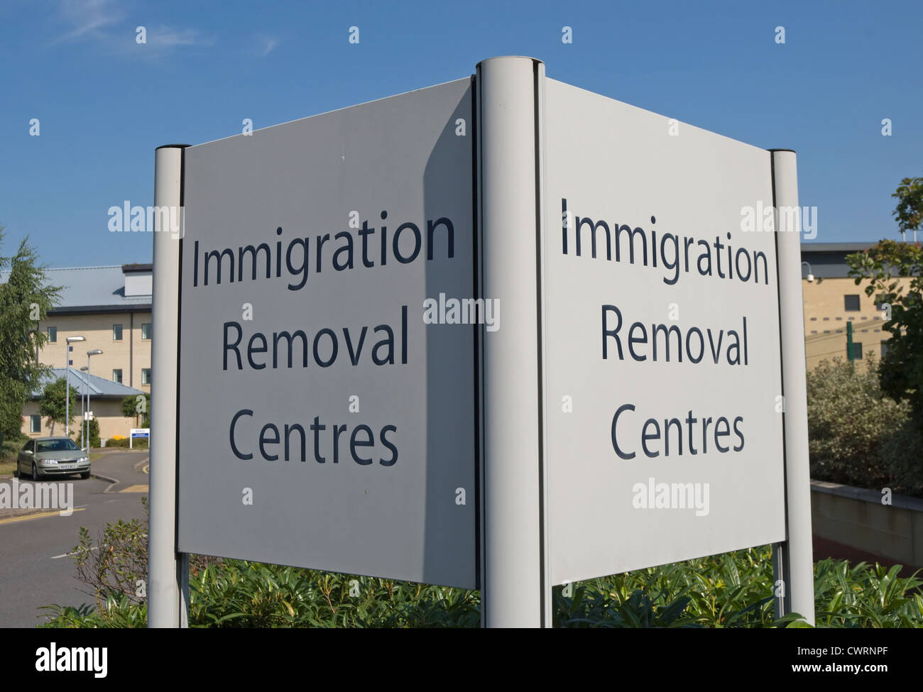 double sided sign for immigration removal centres at colnbrook immigration removal centre, harmondsworth, near heathrow, england Stock Photo
