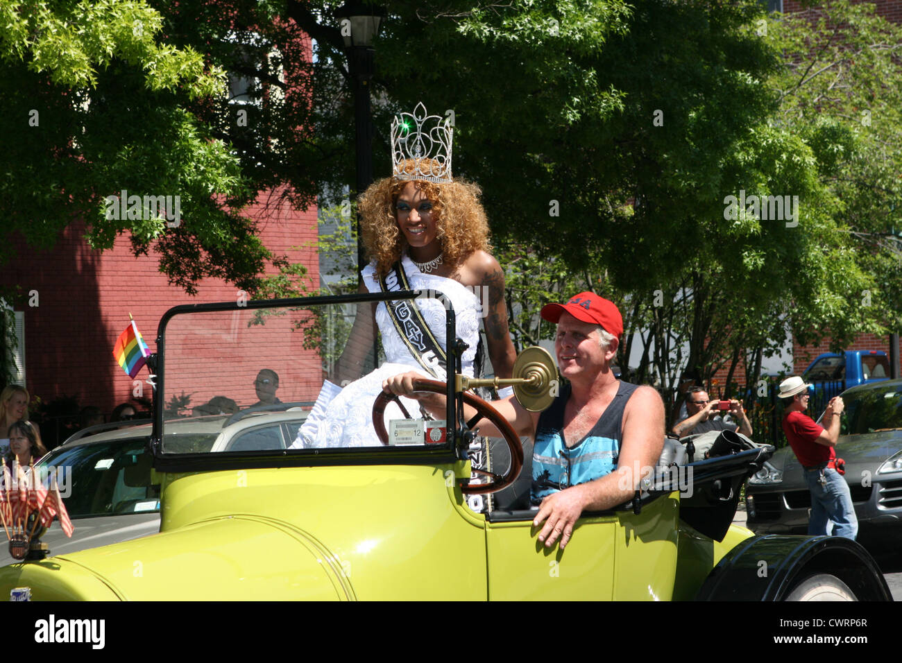 Parade Queen - Yellow Car - Gay Pride Parade Hudson NY Stock Photo
