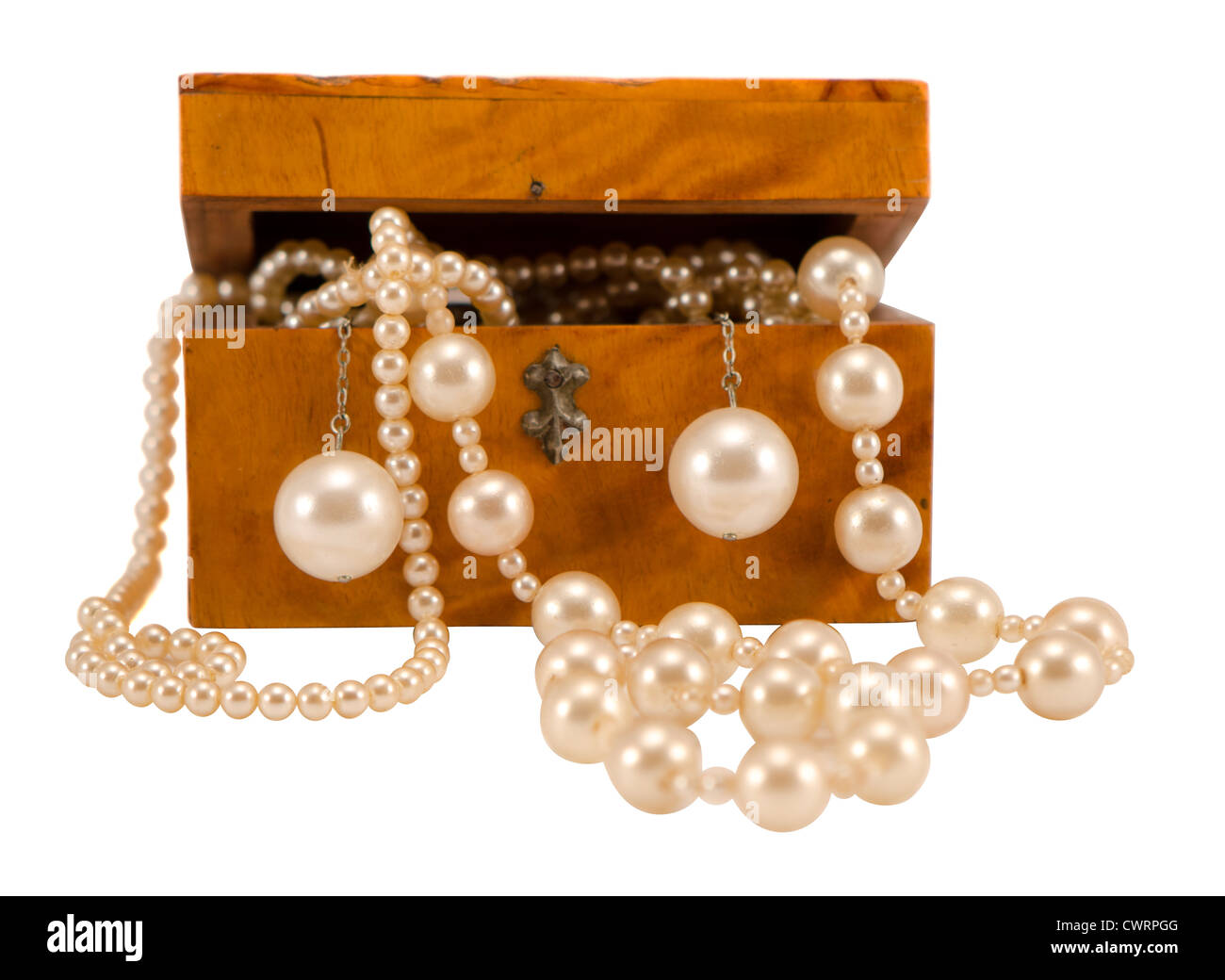 Pearl jewelry beads necklace earring in retro wooden box isolated on white Stock Photo