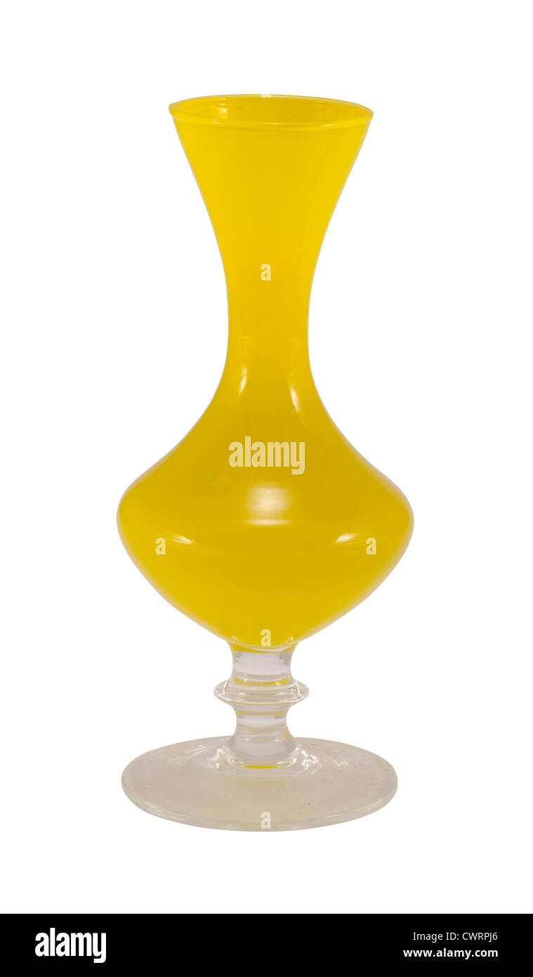 Retro glass yellow vase isolated on white. Old decorative object. Stock Photo