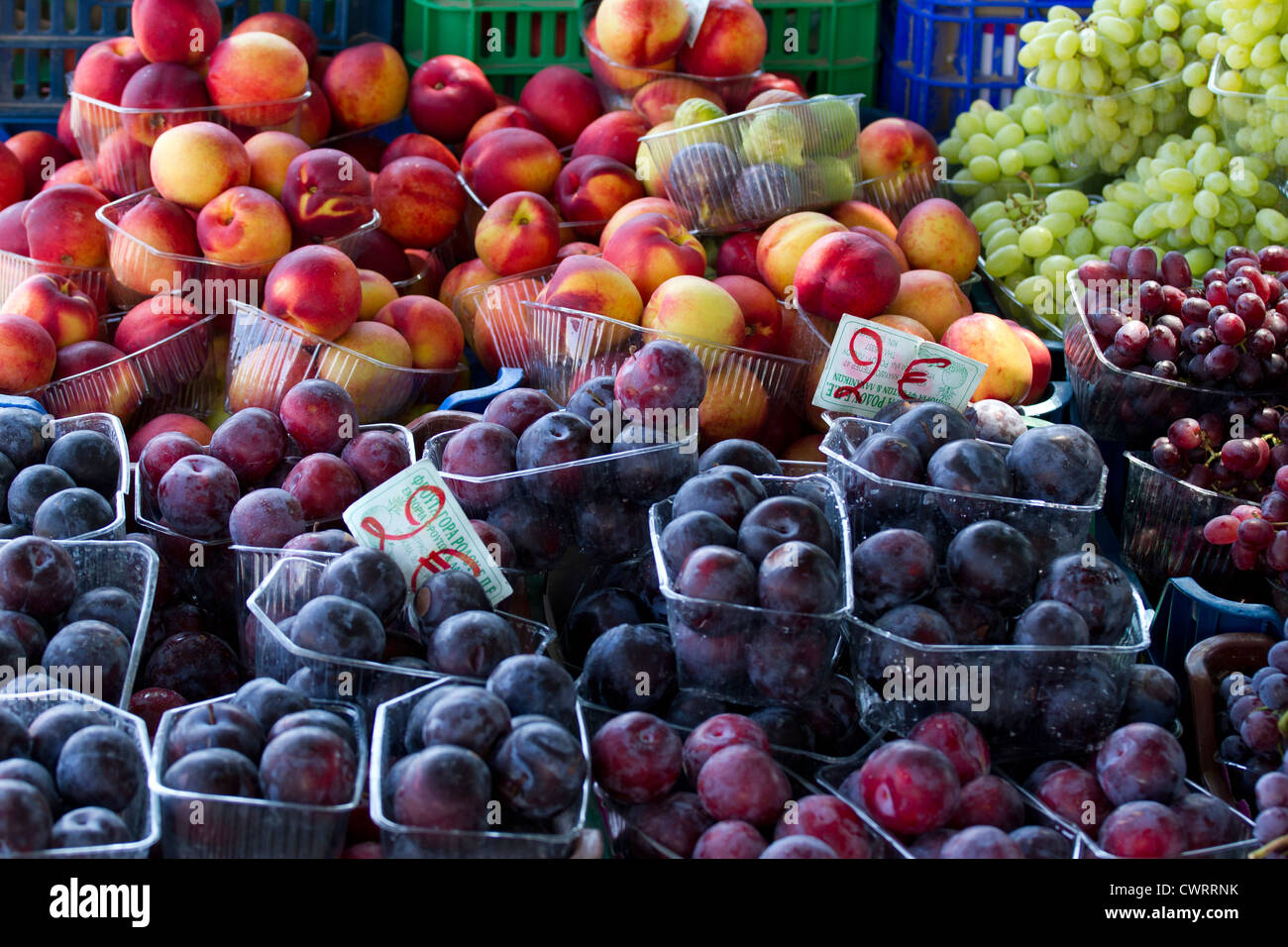 Picked and sorted fruits for sale in the Island of  Rhodes Town displaying prices in euros Aegean, Mediterranean. Stock Photo