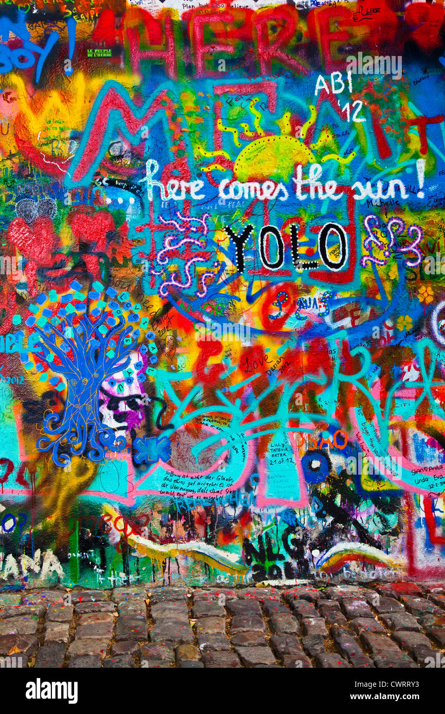 Graffiti on part of the John Lennon Wall in Prague, Praha, Czech Republic,Česká Republika,Europe Stock Photo