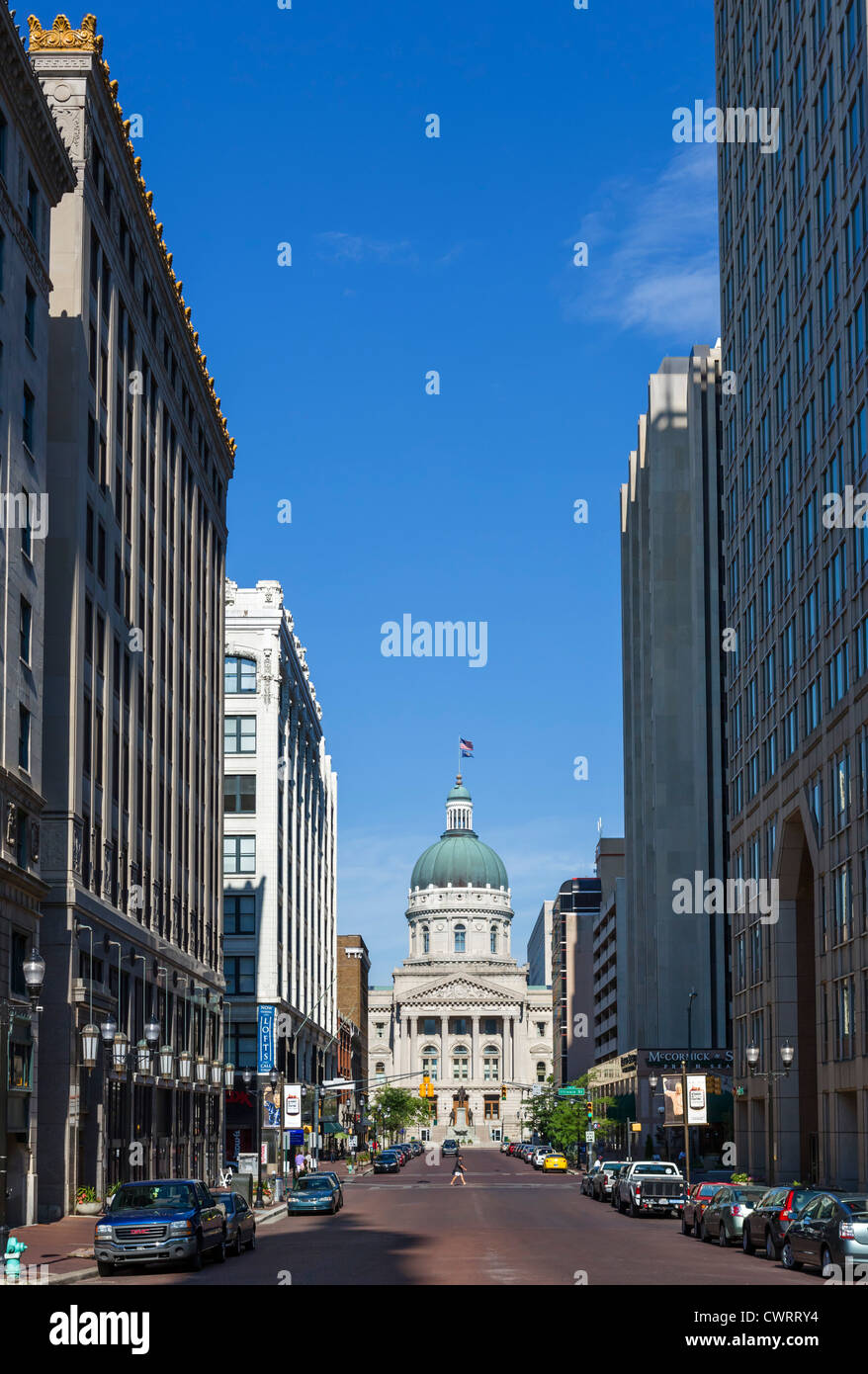 View down West Market Street towards the Indiana Statehouse (State Capitol), Indianapolis, Indiana, USA Stock Photo