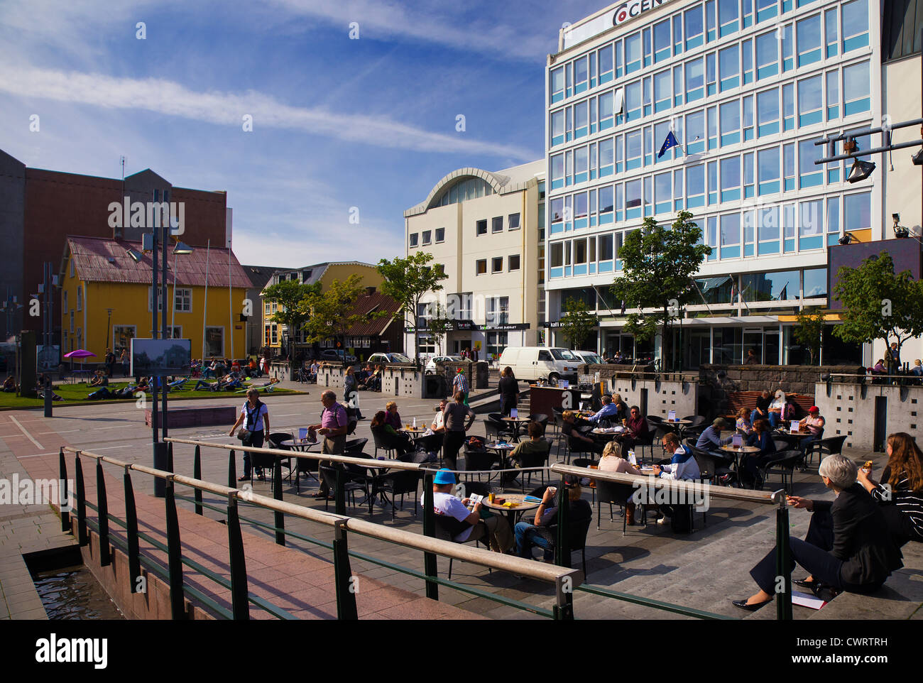 Ingólfstorg square, Reykjavik, Iceland, where geothermal energy is released through billowing steam vents Stock Photo