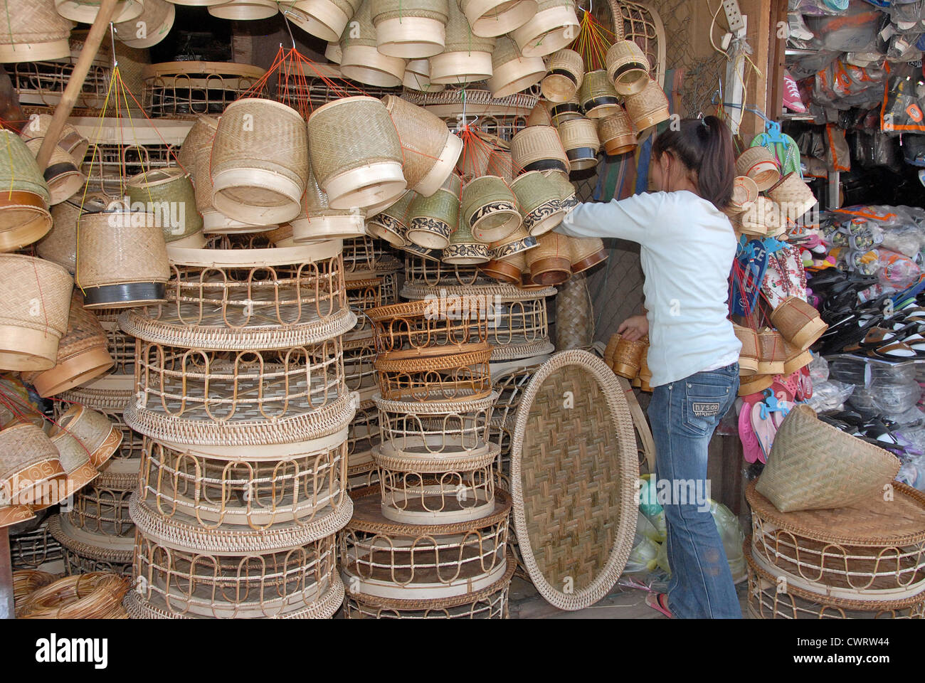 rice basket shop at day market, Vientiane, Laos Stock Photo