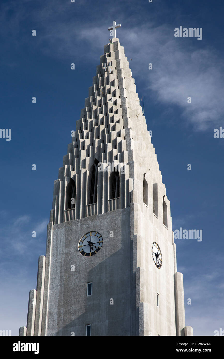 Hallgrimskirkja church clock tower, Reykjavik, Iceland Stock Photo