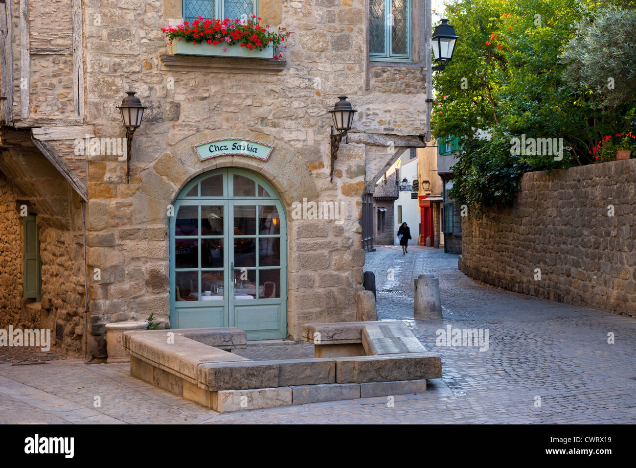 Early morning restaurant and street in Carcassonne, Languedoc-Roussillon, France Stock Photo