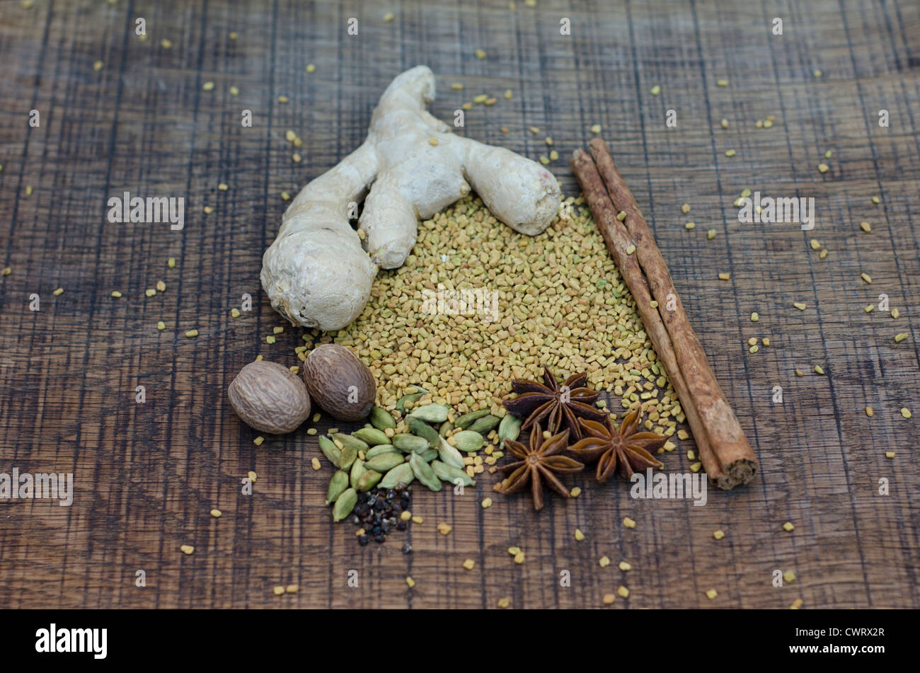 A selection of spices used in an ayurveda diet and healing, with healing spices and seeds. Stock Photo