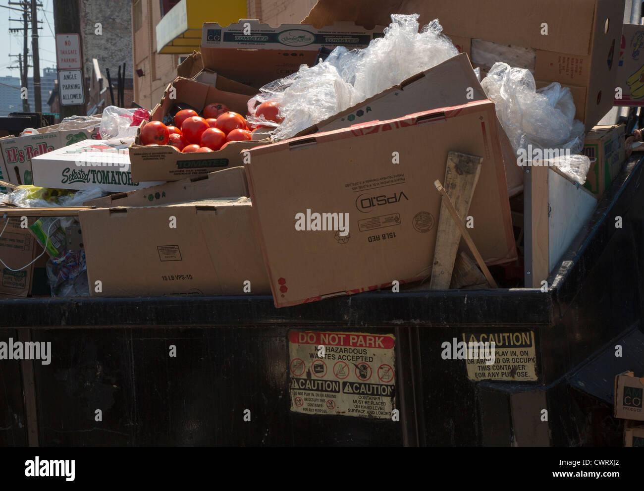 Detroit, Michigan Tomatoes thrown in a garbage bin at Eastern Market
