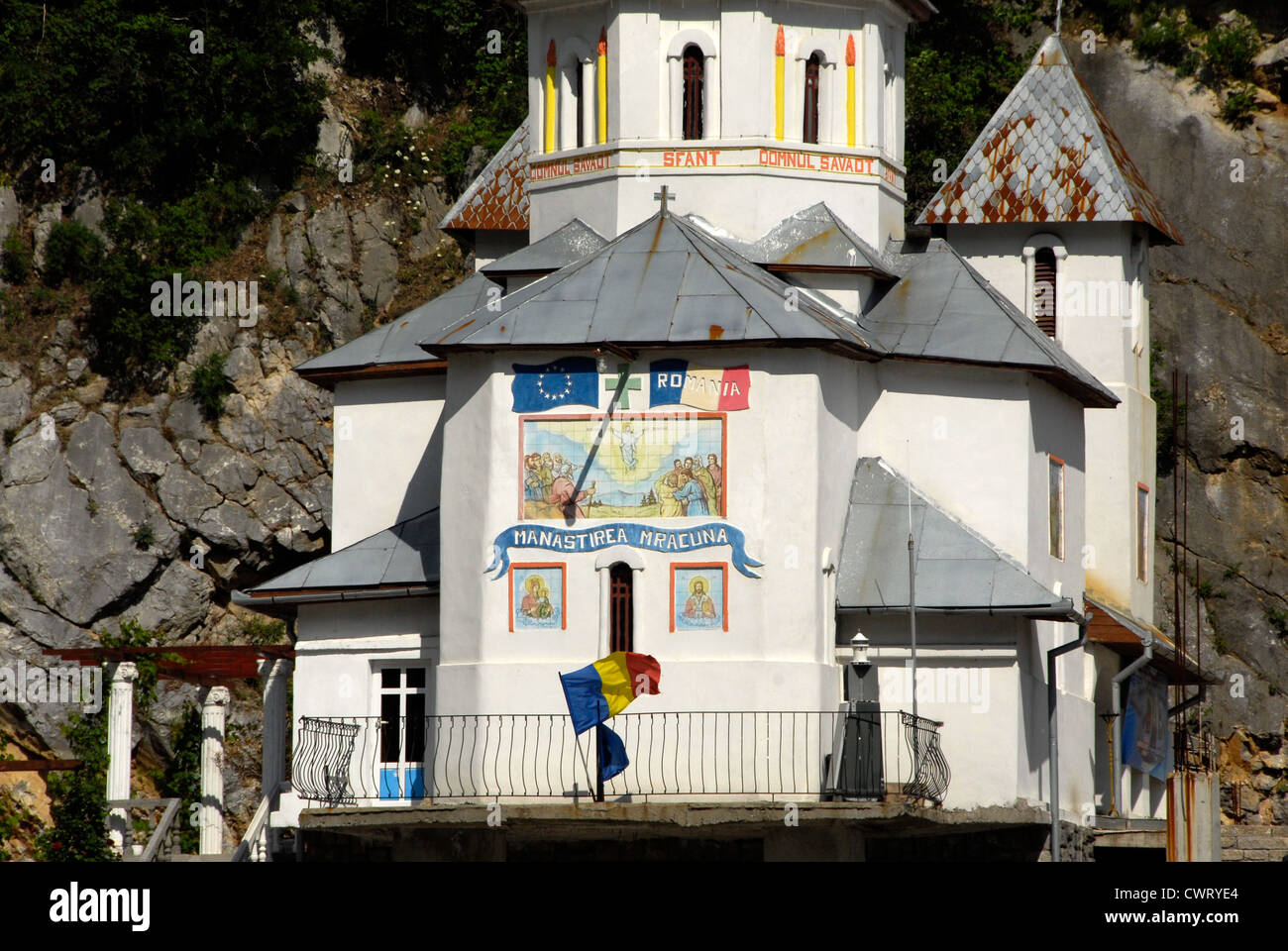 Romanian Mracuna Monastery in the Iron Gates gorge on the Danube River between Romania and Serbia Stock Photo