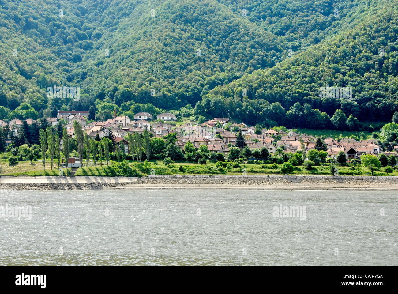 Serbian village in the Iron Gates gorge on the Danube River between Romania and Serbia Stock Photo