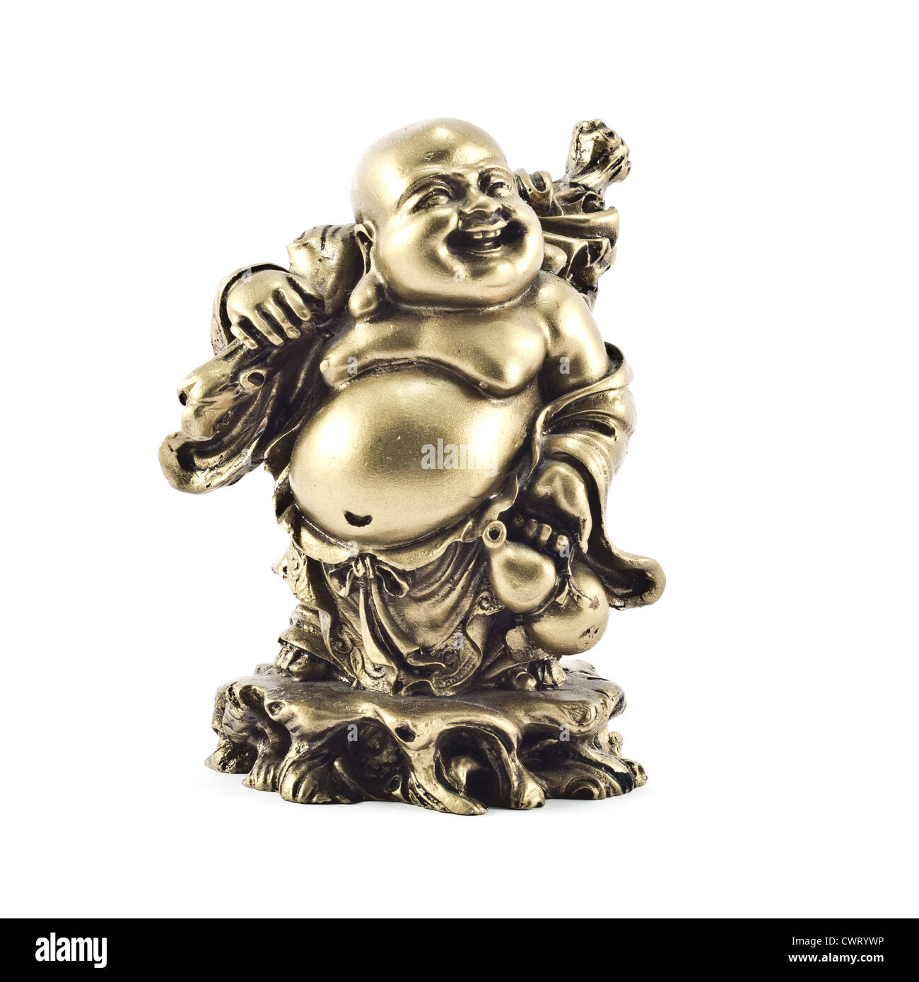 Golden statue of Buddha isolated on white background. Stock Photo