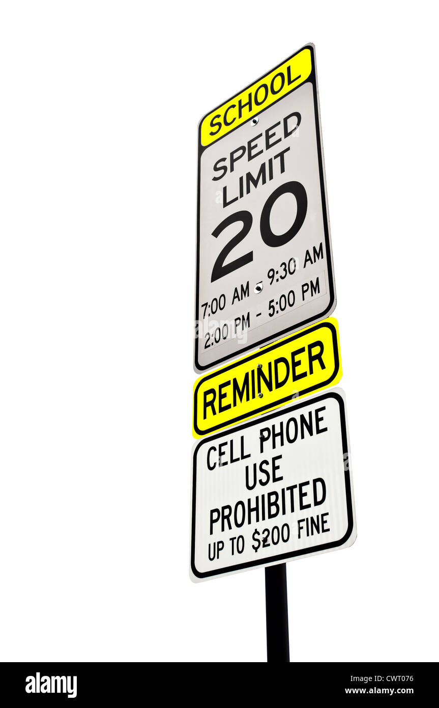 School zone reminder sign isolated over white Stock Photo