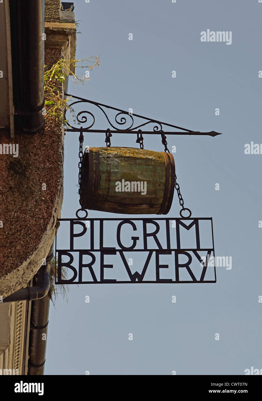Old Pilgrim Brewery sign, High Street, Reigate, Surrey, England, United Kingdom Stock Photo