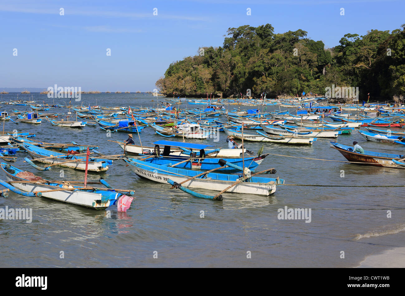 Outrigger fishing boat fleet in Pangandaran Stock Photo