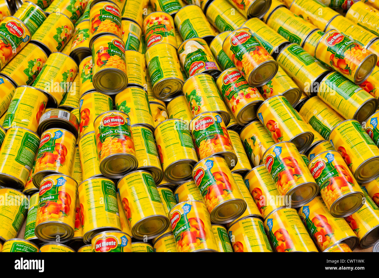 Del Monte Canned Peach Chunks stack Stock Photo