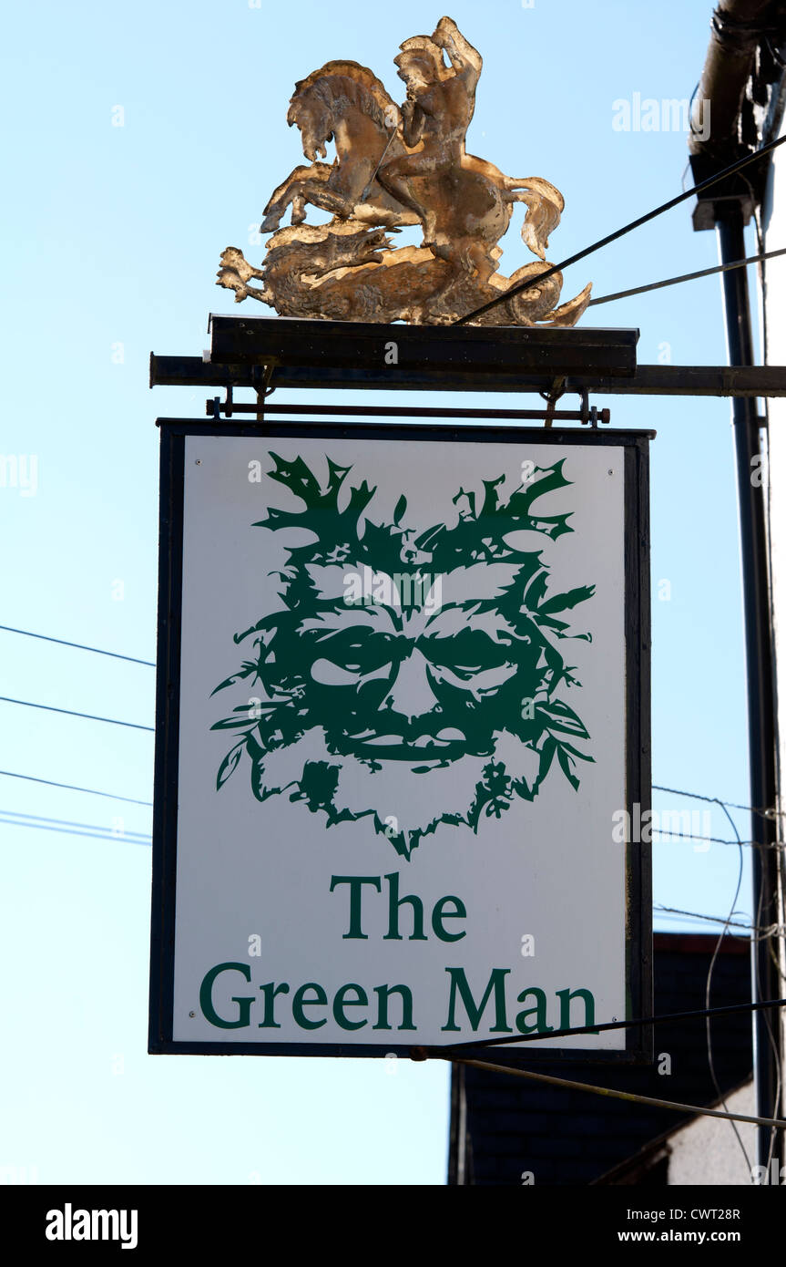 The Green Man pub sign, Dunchurch, Warwickshire, UK Stock Photo