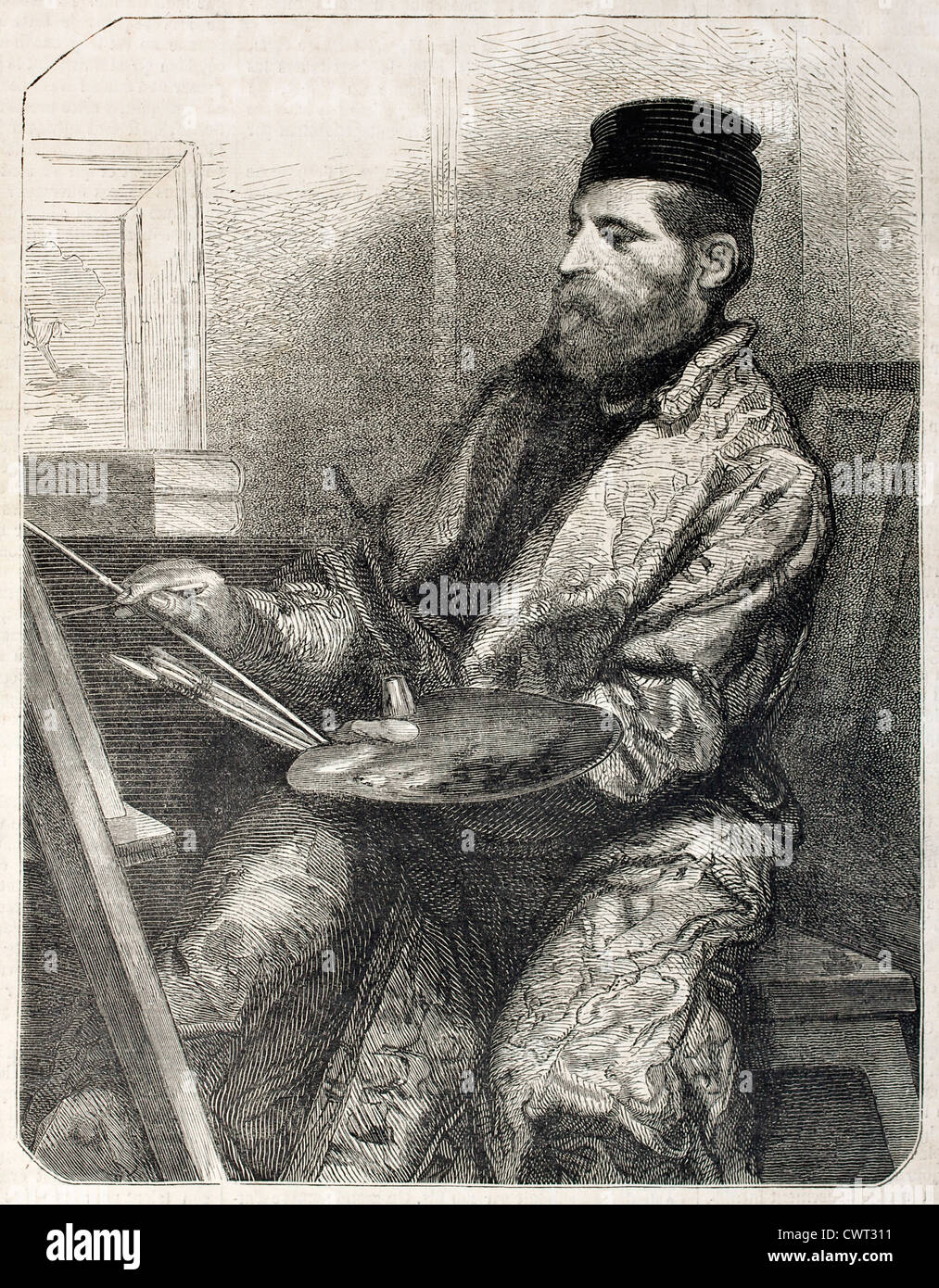 Alexandre Gabriel Decamps old engraved portrait. Created by himself, published on L'Illustration, Journal Universel, Paris, 1860 Stock Photo