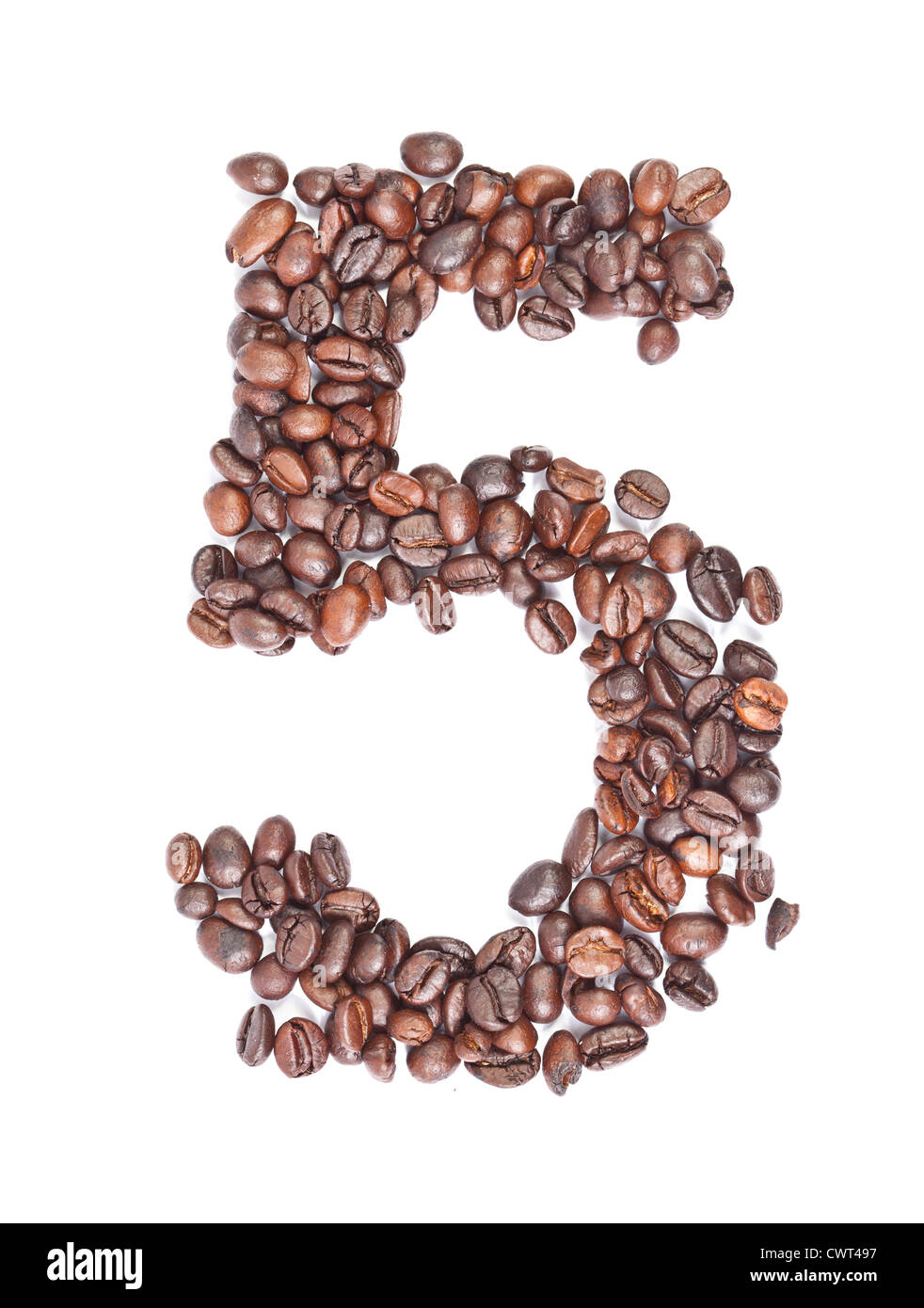 5, number made with coffee beans on a white background Stock Photo
