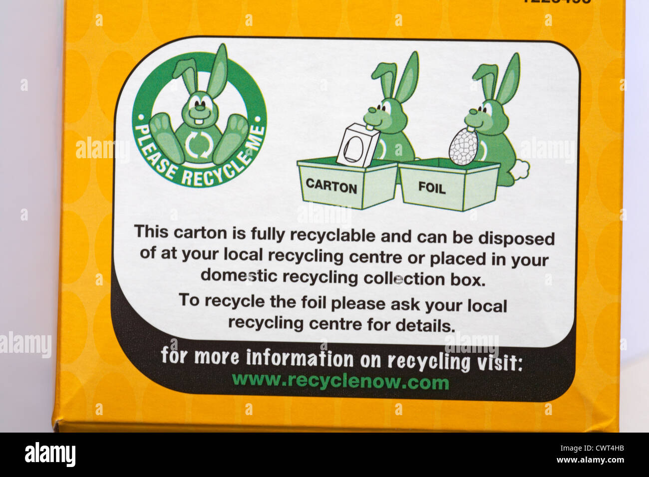 Please recycle me carton and foil information on Easter egg carton - disposal recycling recycle logo symbol Stock Photo