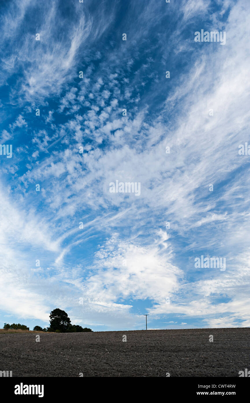 Big sky with cirrus clouds over ploughed field Stock Photo