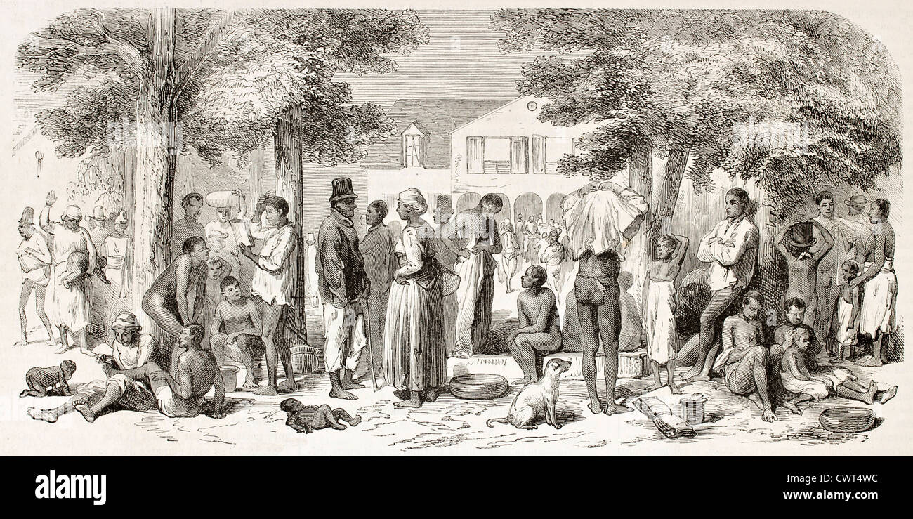 Clothes distribution to slaves workers Stock Photo