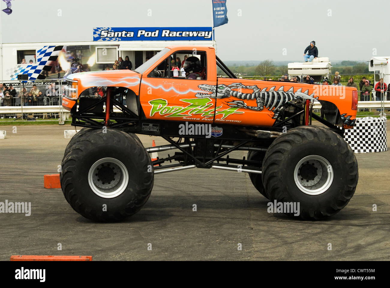 A Monster truck named 'Swamp Thing' at a show at Santa Pod raceway. Stock Photo