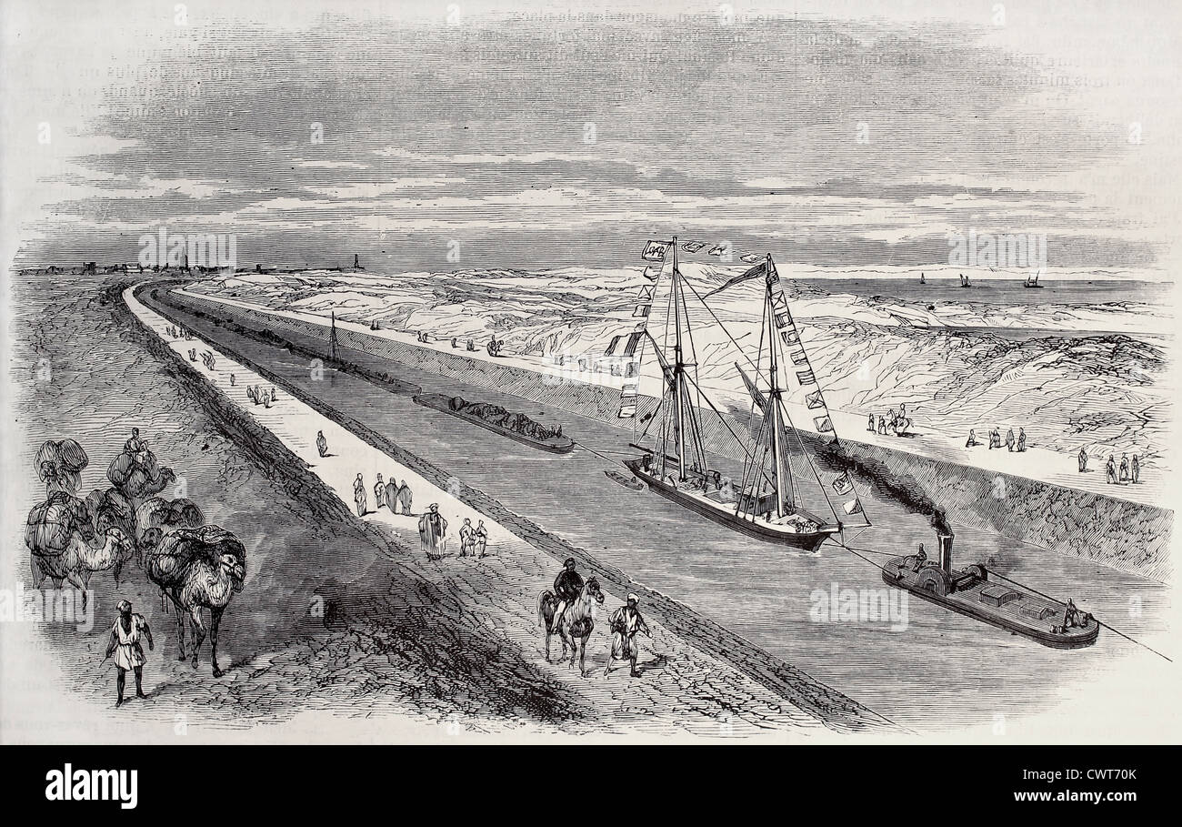 Ship convoy sailing through Suez canal Stock Photo