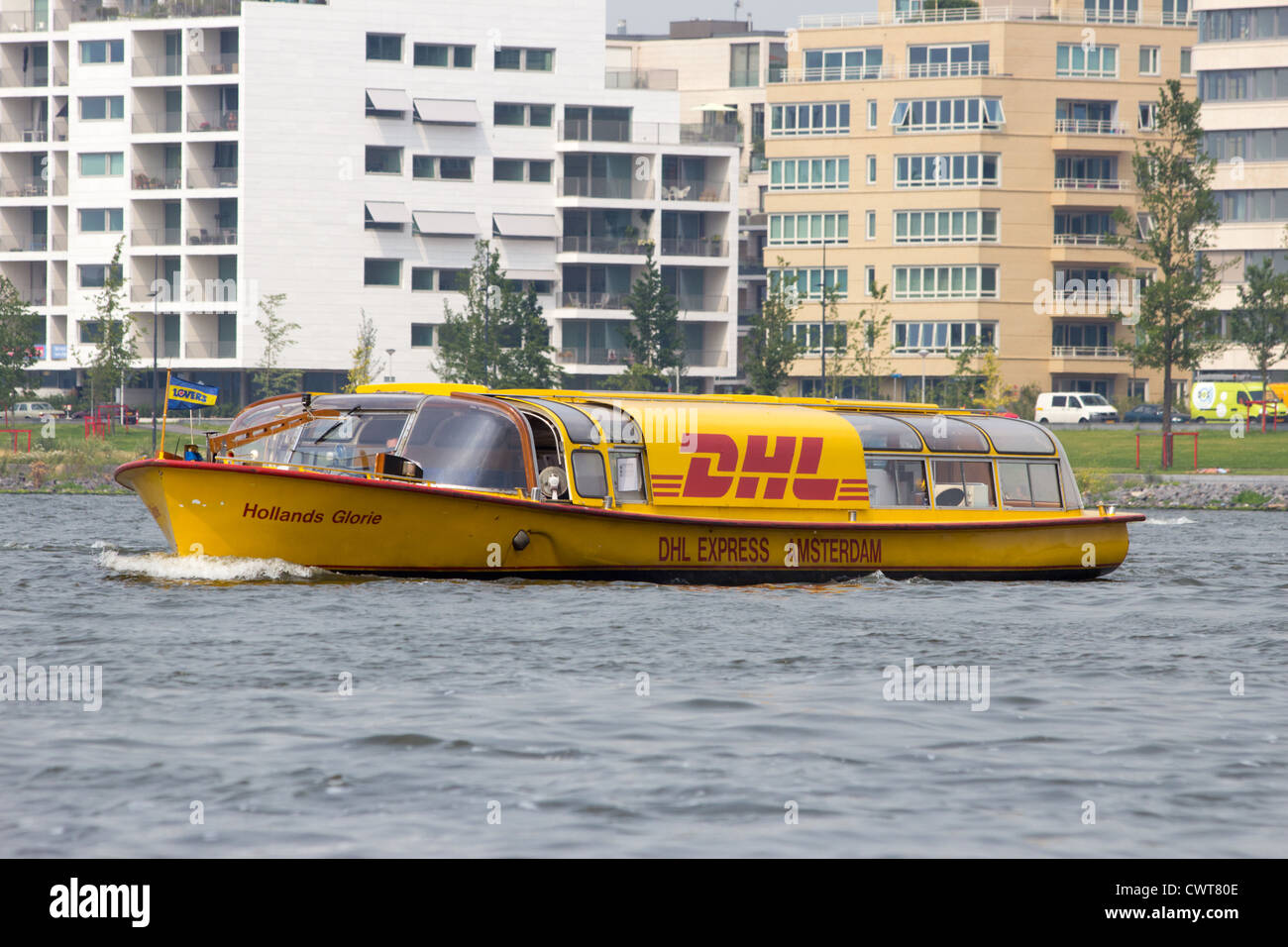 DHL Express Amsterdam boat Stock Photo