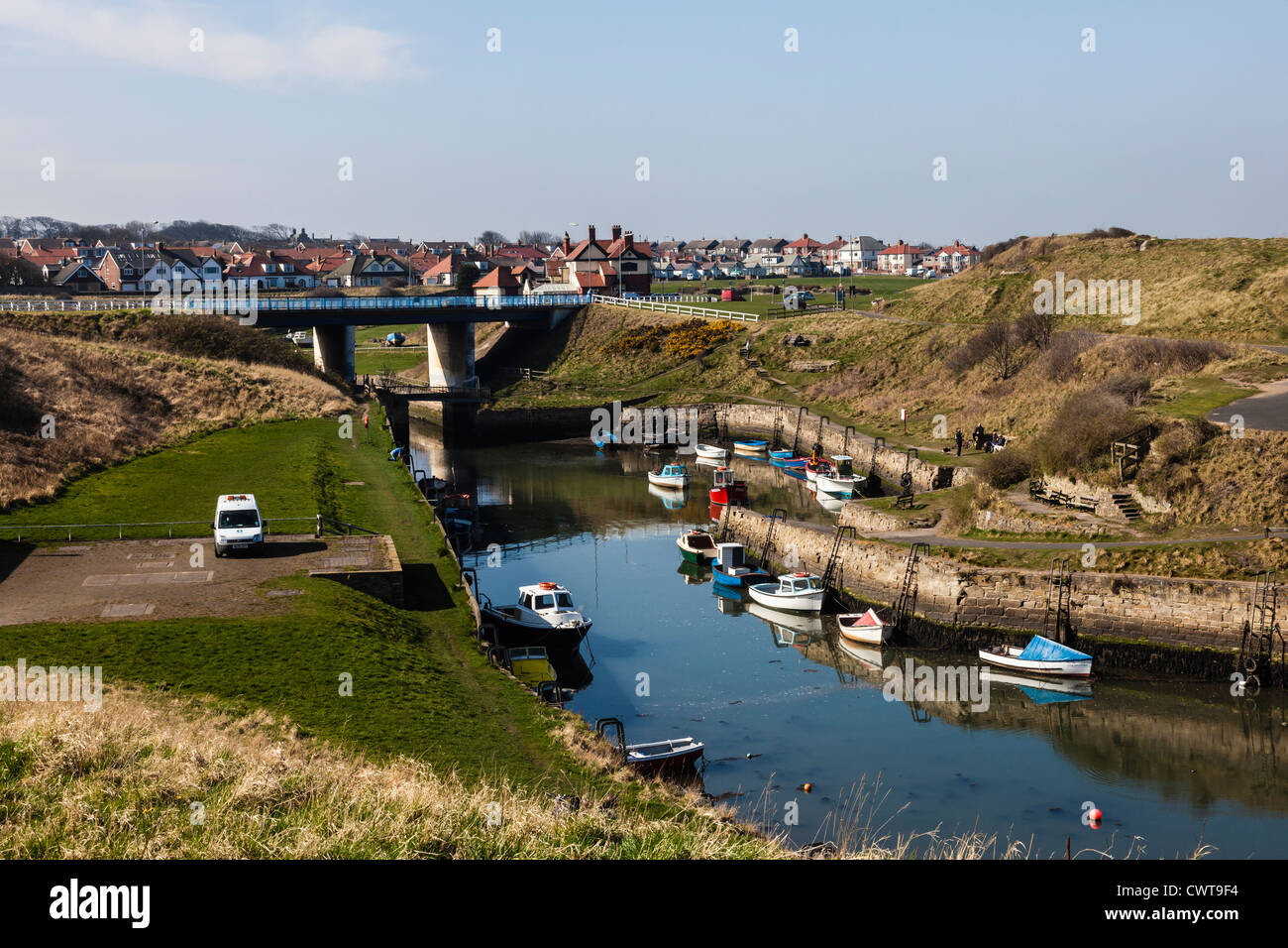 The tiny Harbour at Seaton Sluice, Northumberland, Uk, with the sand
