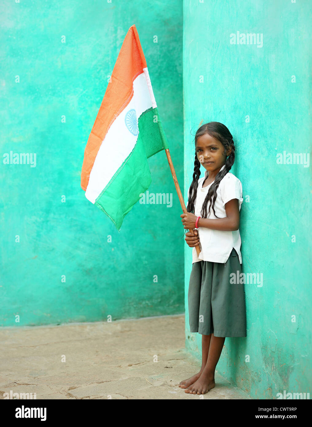 Young Indian girl with India flag Andhra Pradesh South India Stock Photo