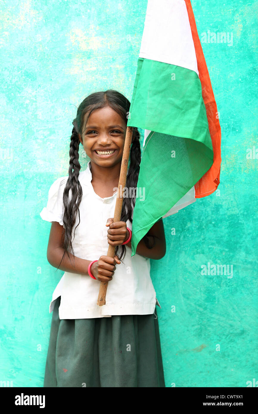 Young Indian girl with India flag Andhra Pradesh South India Stock Photo