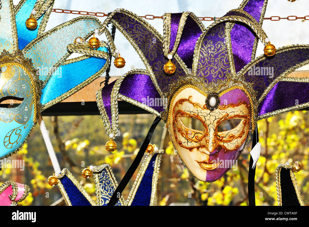 Close up of colorful Venetian masks in souvenir shop Stock Photo